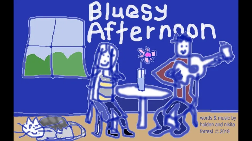 Hand-drawn title card for “Bluesy Afternoon”: a girl and a guitarist at a café table