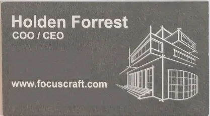 Grey Focus Craft business card for Holden Forrest with a line drawing of a building
