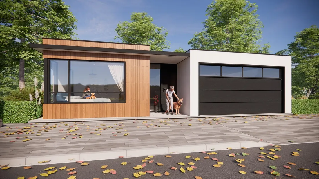 Rendering of the single-story Catulum model with a garage and large front window