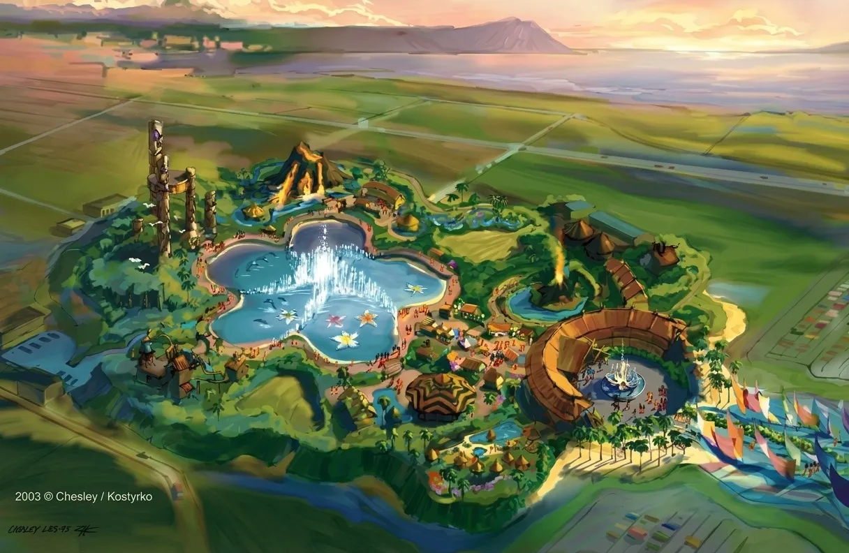 Aerial concept painting of a tropical theme park with lagoons, a volcano and an arena