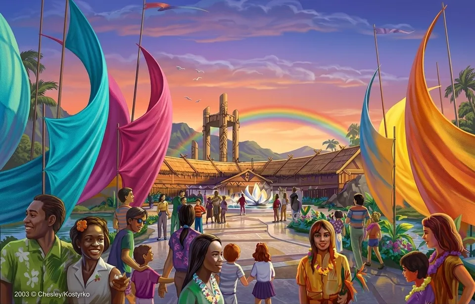 Concept painting of visitors at a theme park entrance framed by tall colored sails