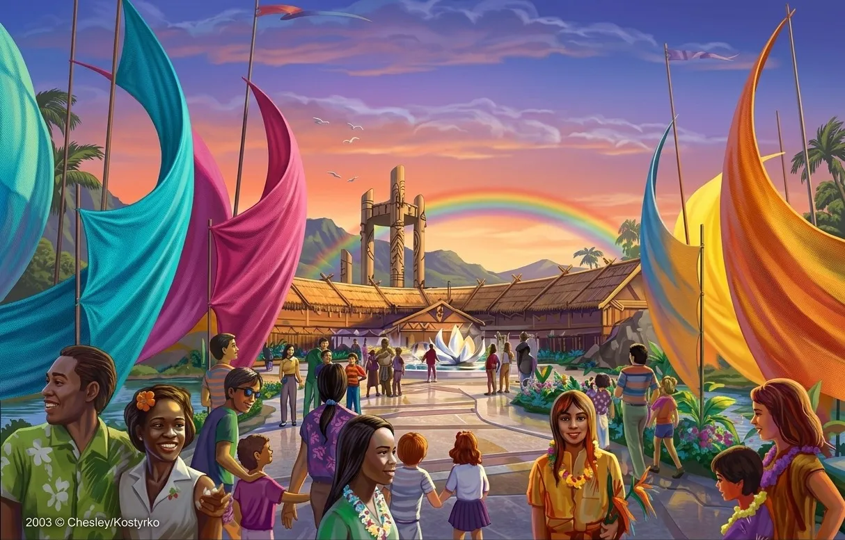 Concept painting of visitors at a theme park entrance framed by tall colored sails