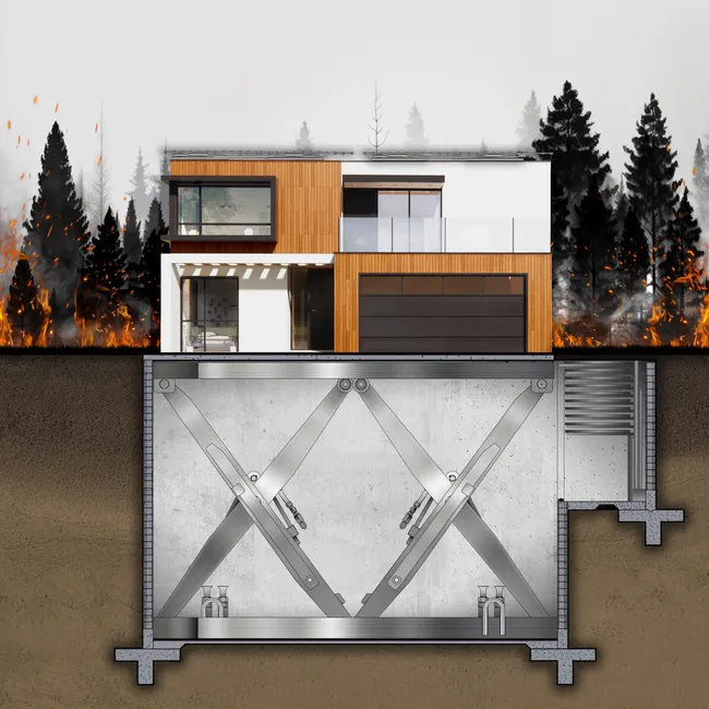 Cutaway rendering of a home above a hydraulic vault with an access stairway
