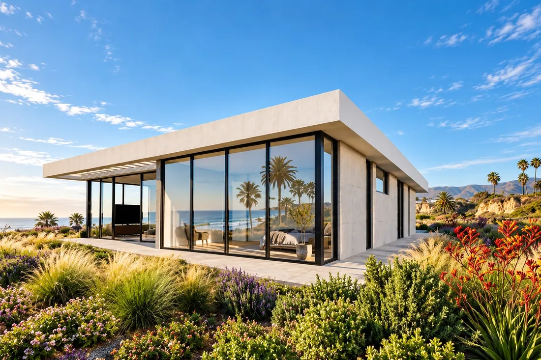 Concept rendering of a single-story modern HiberTec home with floor-to-ceiling glass, set in coastal planting above the ocean