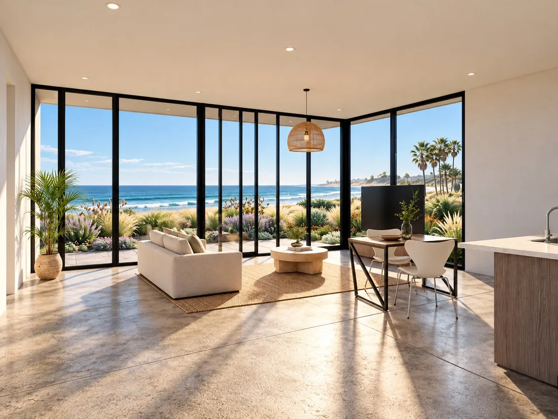 Concept rendering of a sunlit open-plan living room with glass walls looking out over coastal grasses to the ocean
