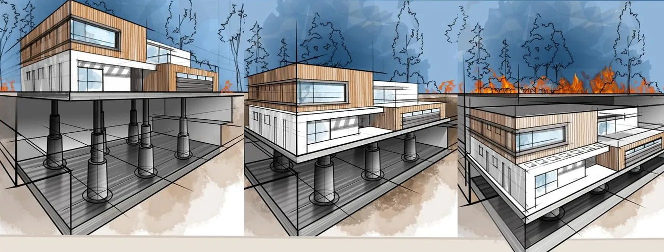 Three illustrations of a home lowering on hydraulic pistons into its underground vault as wildfire approaches