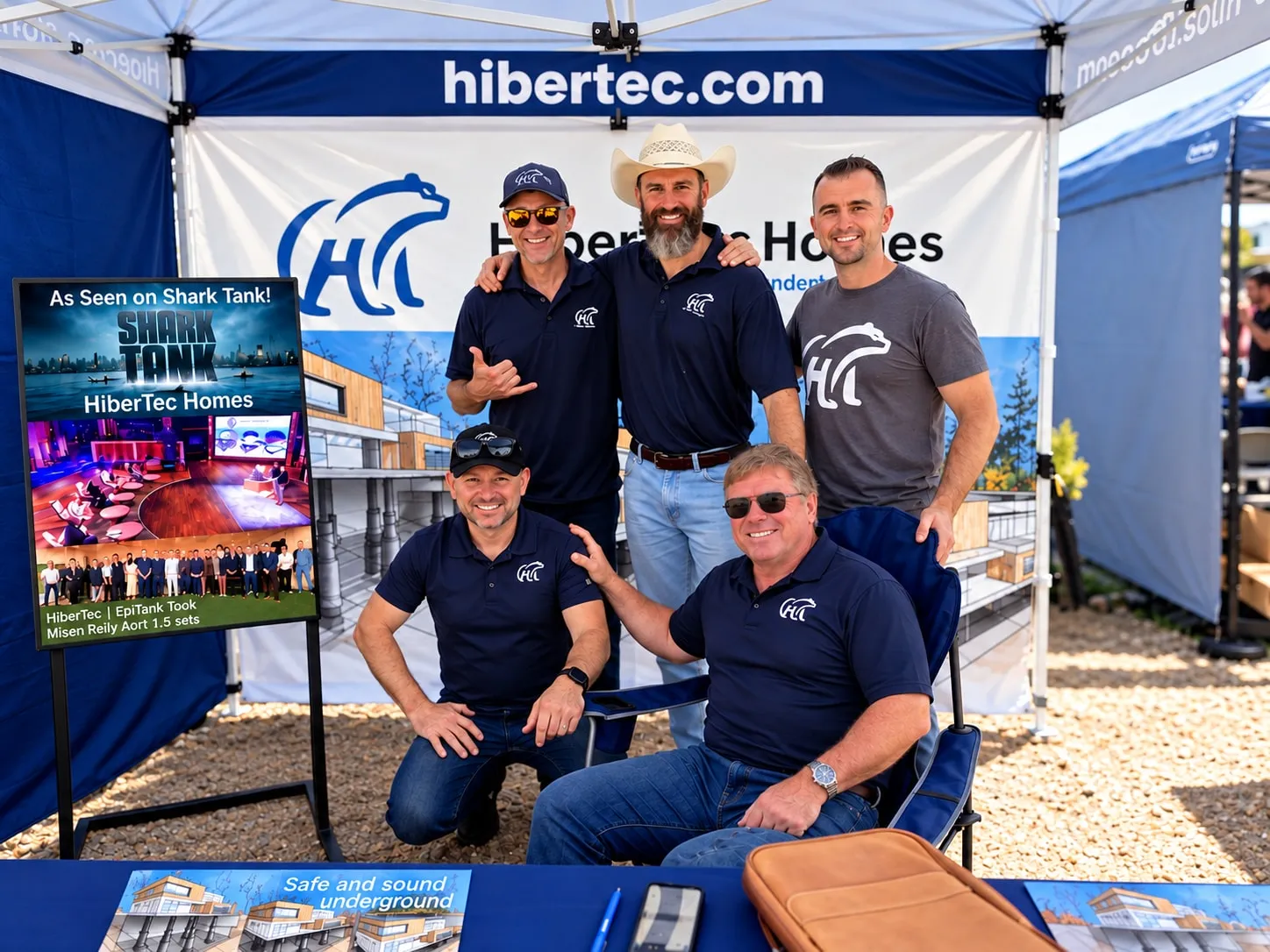 Five HiberTec Homes team members in HiberTec shirts at the company booth, under a hibertec.com banner