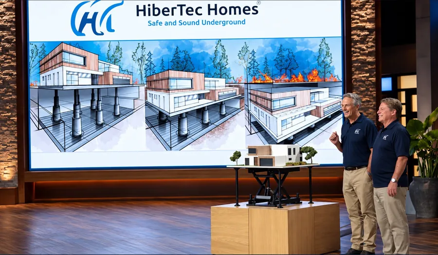 Holden Forrest and Mikke Pierson on the Shark Tank stage beside a HiberTec scale model and a screen showing the home lowering