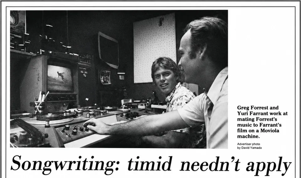 Composer and filmmaker at a film-editing machine, with the original photographer credit