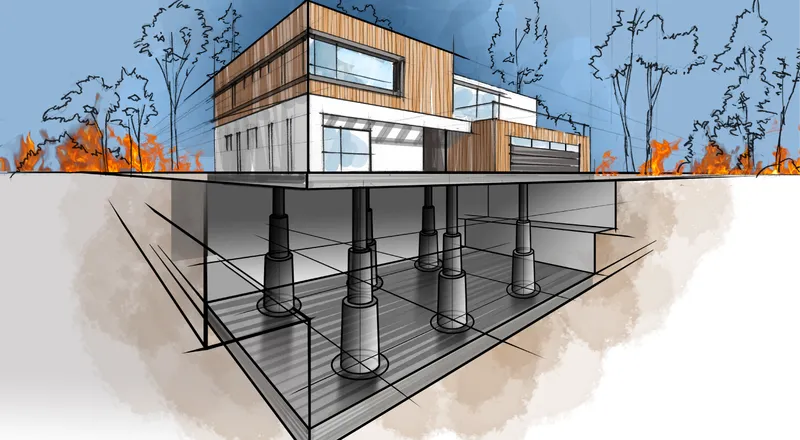 Cutaway illustration of a home at ground level above hydraulic supports