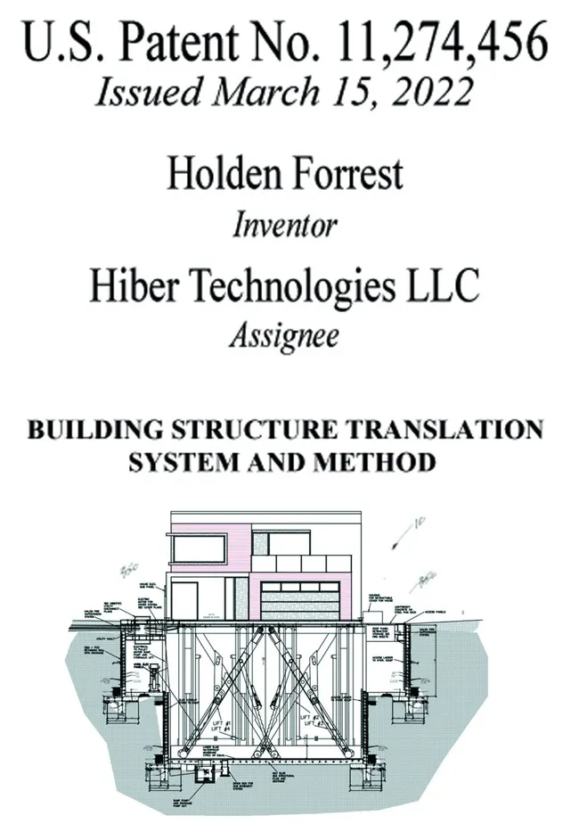 Patent display showing U.S. 11,274,456, inventor Holden Forrest and the building translation drawing