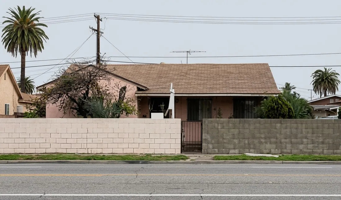 Single-story stucco house behind a block wall on a wide street, before redevelopment