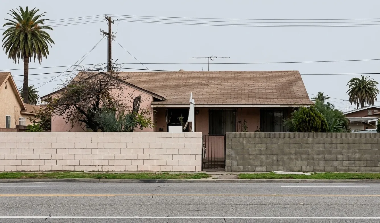 Single-story stucco house behind a block wall on a wide street, before redevelopment