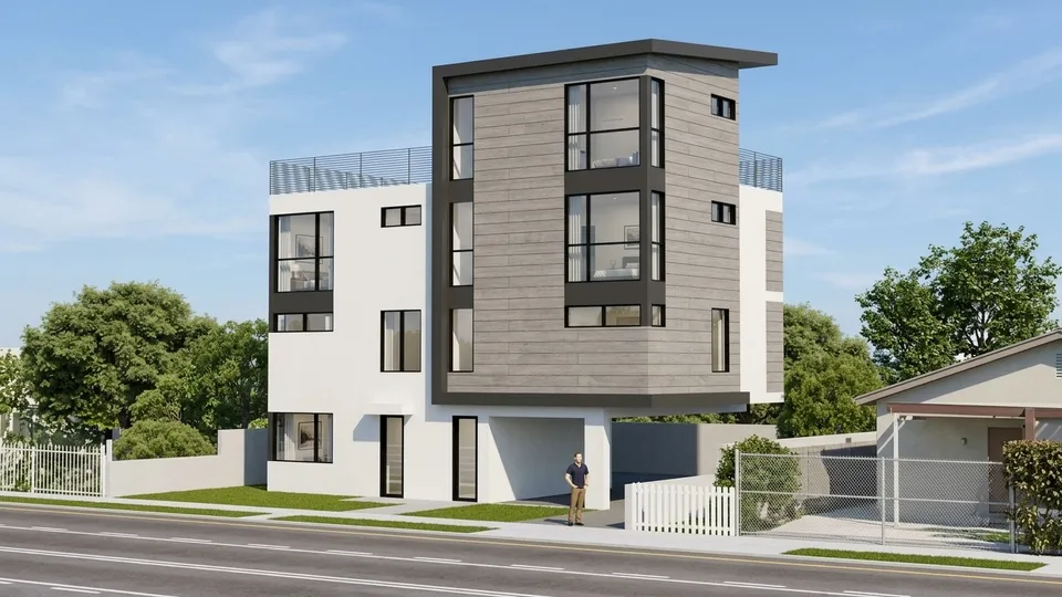 Design rendering of a modern three-story duplex with gray cladding and a roof terrace