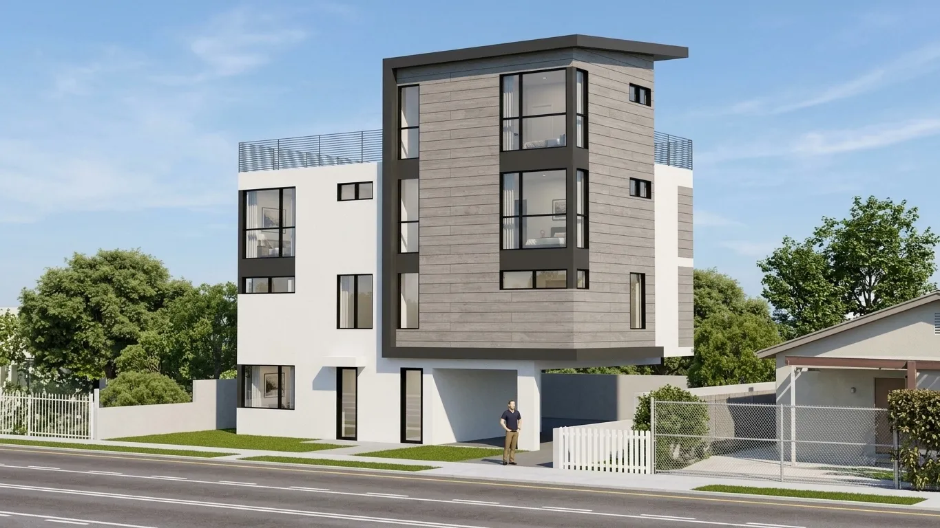Design rendering of a modern three-story duplex with gray cladding and a roof terrace