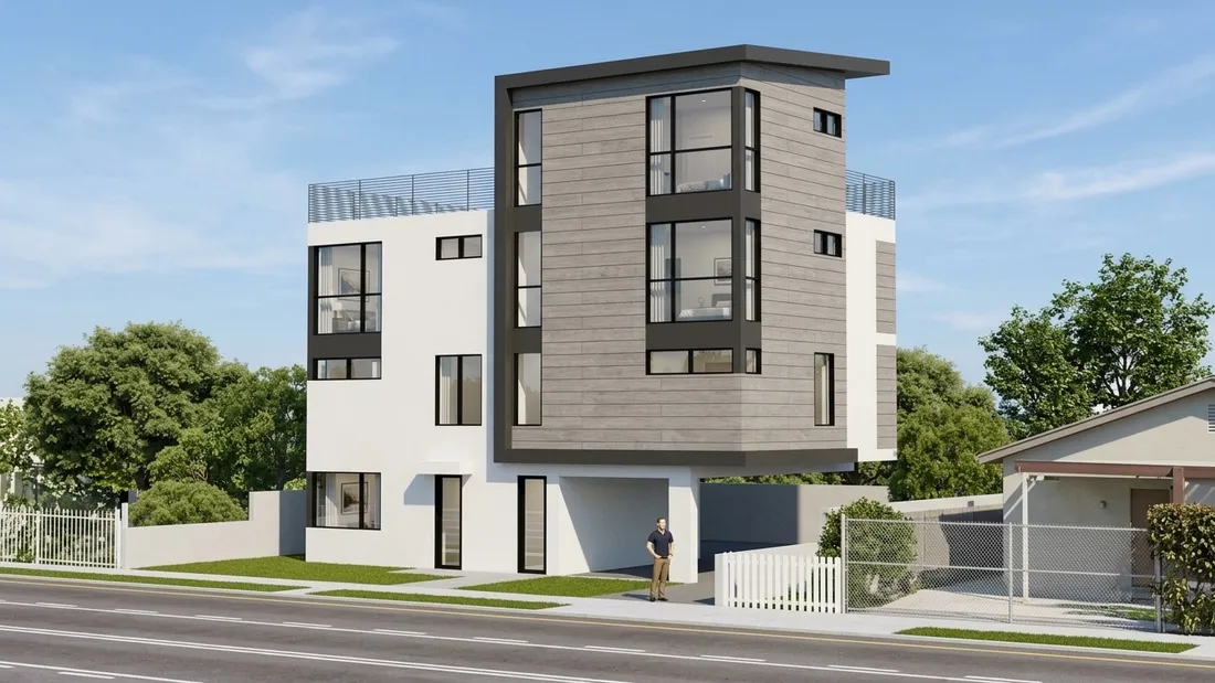 Design rendering of a modern three-story duplex with gray cladding and a roof terrace